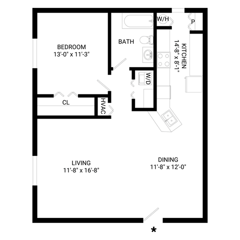 Floor plan for 1 bed, 1 bath, 864 sqft
